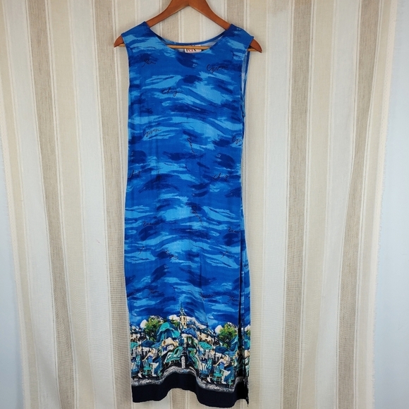 Vintage R&K Originals Hawaiian Style Midi Dress Blue Size 14 Petite - Picture 1 of 9